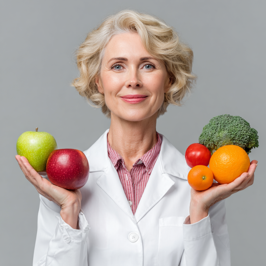 Щаслива літня жінка з здоровою їжею